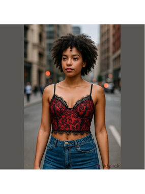 Romwe Women’s Large Red Black Lace Bustier Crop Top Underwire Sheer Mesh adjust